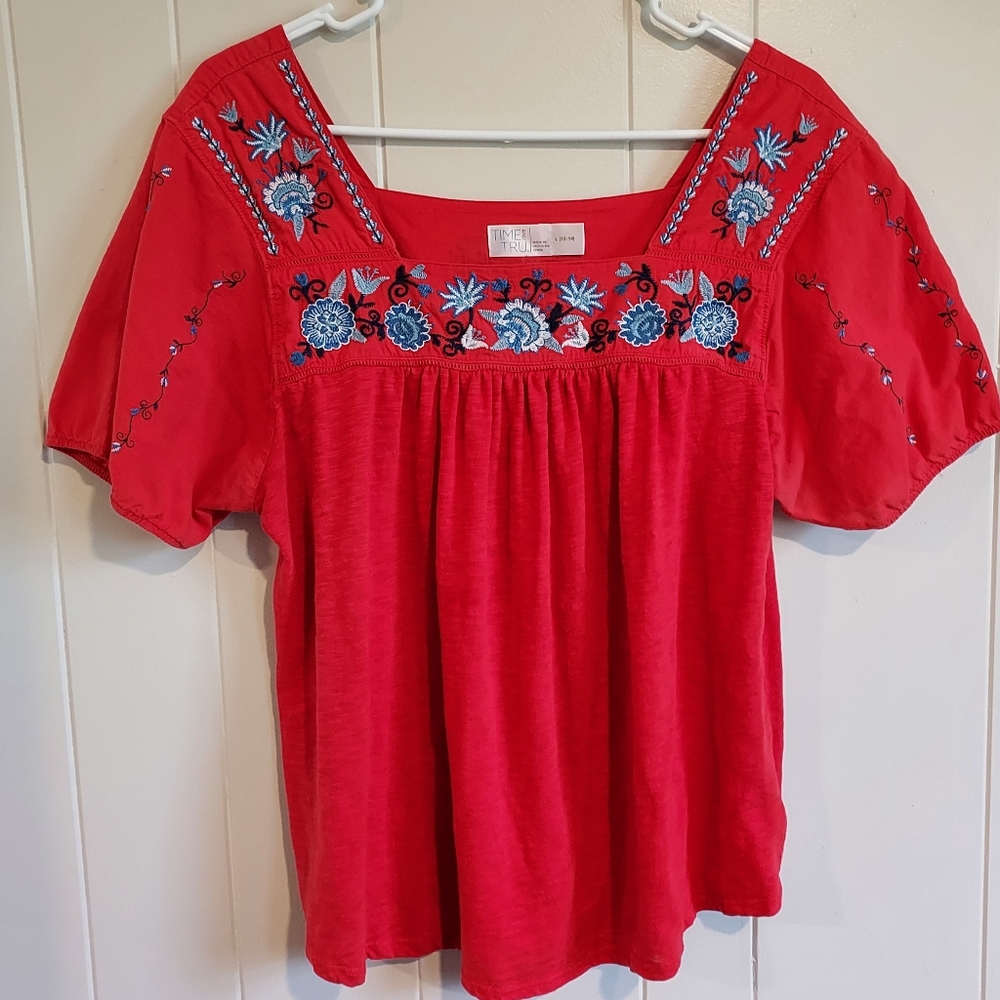 Time and Tru Embroidered Bright Red Square-Neck Smock Blouse